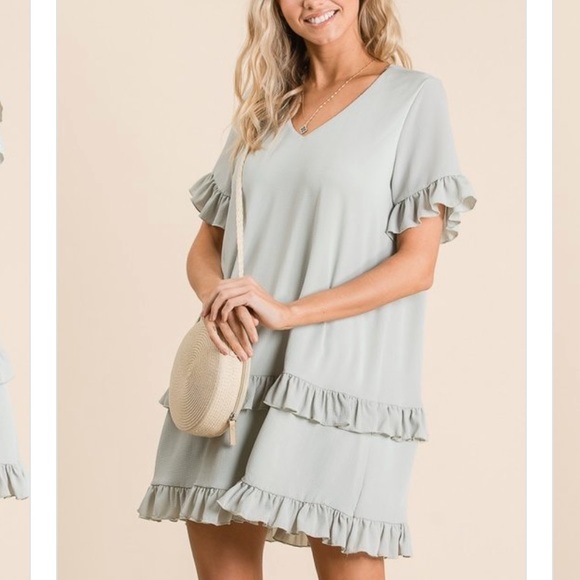 ✨SAGE GREEN WOVEN RUFFLED DETAILED DRESS - Picture 5 of 10